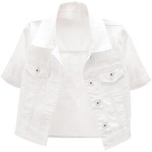 🆕Women White Short Sleeve Slim Crop Denim Trucker Jacket Jean Coat Tops